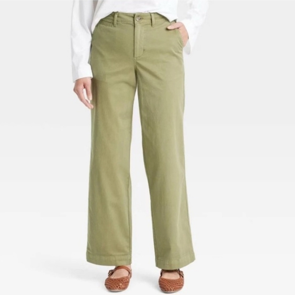 Mid-Rise Straight Wide Leg Relaxed Chino Pants Green 4 Sailor French Girl Clean - Picture 3 of 16